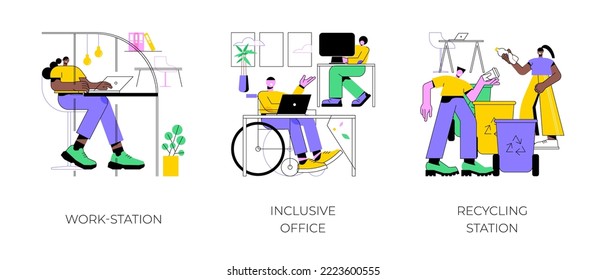 Office design and interior isolated cartoon vector illustrations set. Work-station in smart office, inclusive working environment, recycling station at modern business workplace vector cartoon.