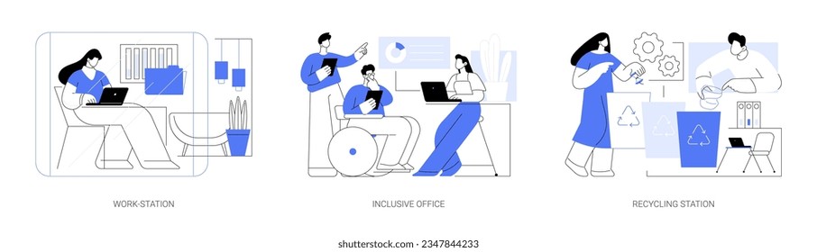 Office design and interior isolated cartoon vector illustrations set. Work-station in smart office, inclusive working environment, recycling station at modern business workplace vector cartoon.