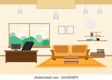 office design interior on table chair bookcase and window. vector illustration