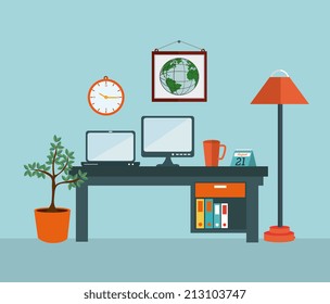 Office design over blue background, vector illustration