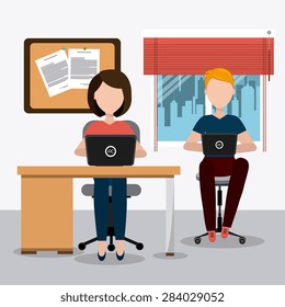 Office design over office scene background, vector illustration.
