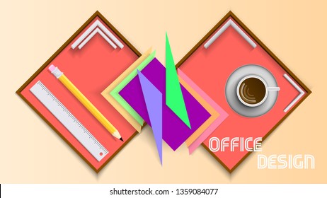 Office design . Stylish vector illustration in soft style using geometric bodies and office accessories. The illustration is suitable as a mock up for designers and just as a background for the web.