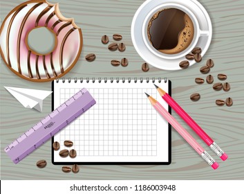 Office designer desk top view Vector realistic. Coffee, notebook, marker and donut. Detailed 3d illustration templates
