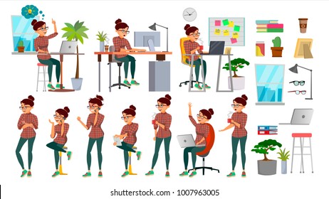 Office Designer Girl Business Woman Character Set Vector. Working People Set. Office, Creative Studio. Female Business Situation. Programmer, Manager. Poses, Emotions, Face. Character Illustration
