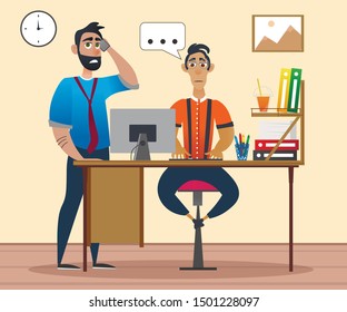 Office Designers Workdays. Design Collaboration. Design Studio. Creative Designer Teamwork in Office. Graphic Developers. Vector Illustration. Design Project. Man Speaks on Phone. Man near Computer.