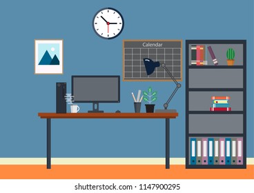 office with desk and accessories flat to work