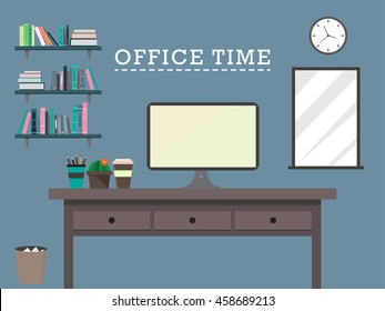 Office desk and accessory vector design illustration background