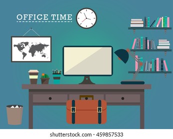 Office desk and accessory vector design illustration background