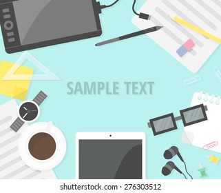 Office desk background in flat style with copy space for your text. Top view. 