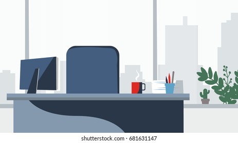 Office desk background Vector. Workplace business style. Table and computer. Flat style illustrations