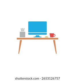 Escritorio de oficina con computadora azul, taza de café roja e ilustración de soporte de papelería en Vector, simple y limpio, sobre fondo blanco, perfecto para el Diseño web.