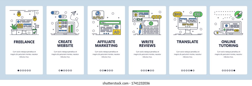 Office desk, business and affiliate marketing, online education. Computer technology. Mobile app screens. Vector banner template for website and mobile development. Web site design illustration.