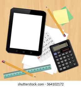 Office desk with business objects - tablet computer, calculator, paper sheets, ruler, pencils. Top view. Vector illustration.