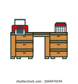 office desk with calendar and printer