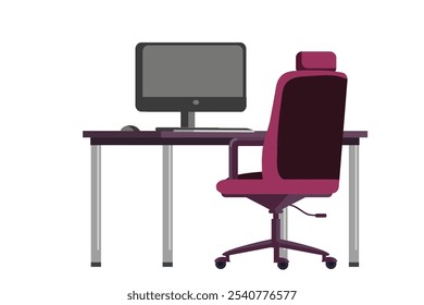 Office desk with chair, big screen of computer, mouse and keyword. Home office interior design. Modern business workplace. Flat vector illustration.