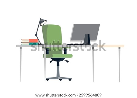 Office desk with chair, big screen of computer, lamp and books. Home office interior design. Modern business workplace. Flat vector illustration.