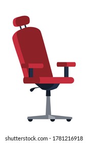 Office desk chair flat vector illustration. Modern red spinning armchair for room cartoon isolated clipart. Apartment, house interior decoration, comfortable furniture design element