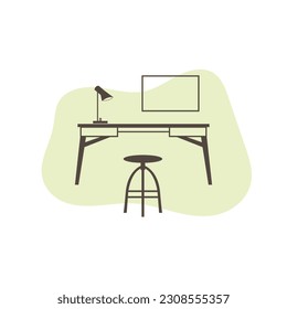 Office desk and chair icon in flat style. Workplace vector icon on abstract shape  background. Interior icon.