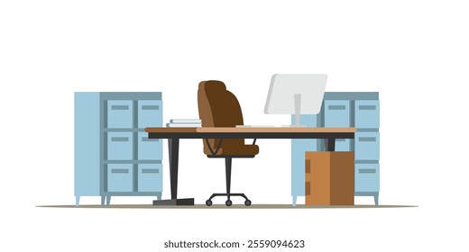 Office desk with chair, open laptop, cabinets and books on table. Home office interior design. Modern business workplace. Flat vector illustration.