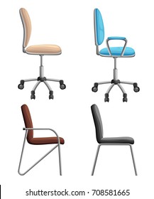 Office or desk chair in various points of view. Armchair or stool in front, back, side angles. Corporate castor furniture flat icon design. Web site page and mobile app design Vector illustration