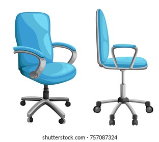 Office or desk chair in various points of view. Armchair or stool in front, back, side angles. Corporate castor furniture flat icon design. Vector illustration. Website page and mobile app design