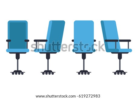 Office or desk chair in various points of view. Armchair or stool in front, back, side angles. Corporate castor furniture flat icon design. Vector illustration.