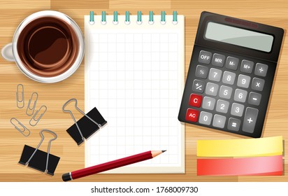 Büroschreibtisch, Nahaufnahme mit Notebook- und Taschenrechner sowie Cartographie im Kaffeebecher-Stil