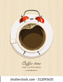 Office desk with coffee and clock. Business lunch. Cup of coffee - top view. Take a coffee break