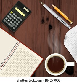 Office Desk With Coffee Cup Disclosed Notepad And Calculator, Top View