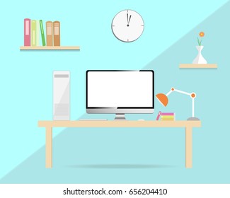 Office desk, office computer.