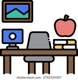 Office Desk with Computer and Apple Illustration