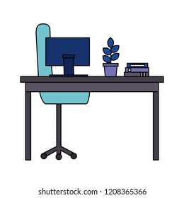 office desk computer binders chair plant