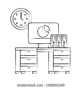 office desk computer binders clock objects