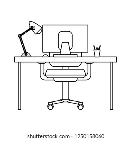 Office desk with computer black and white