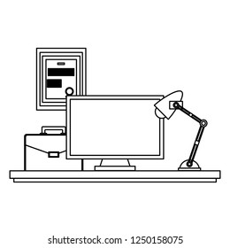 Office desk with computer black and white