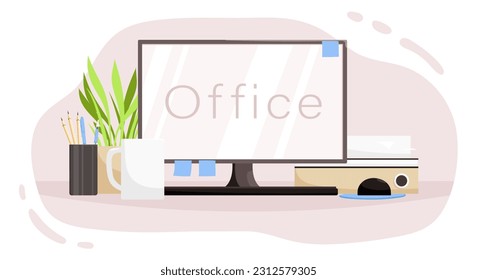 Office desk with computer blank display, plant and cup of coffee or tea and blue stickers on frame. Workspace concept. Workplace in flat style. Modern design of home office. Vector illustration