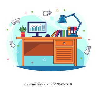 Office desk with computer and books flat illustration vector design