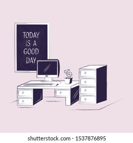 office with desk and computer cabinet tools vector illustration