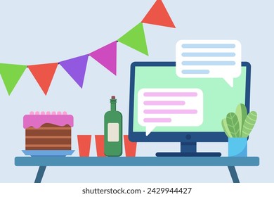 Office desk with computer and cake, bottle of wine and plastic cups. Vector illustration. Office decorated with flags. Party, celebration concept