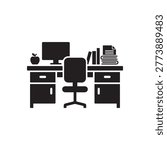 Office desk with computer chair books and apple vector
