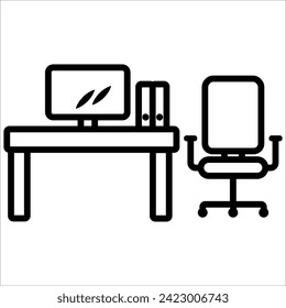 office desk, computer, chair icon vector illustration symbol