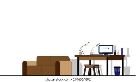 Oficina con ordenador, silla, lámpara, libros y documentos