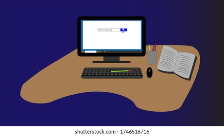 Schreibtisch mit Computer, Stuhl, Lampe, Büchern und Dokumenten