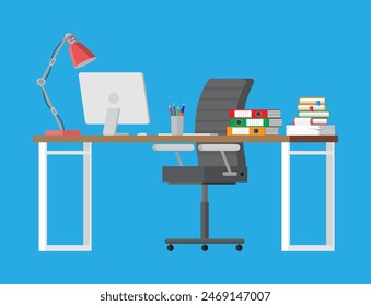 Office desk with computer, chair, lamp, books and document papers. Modern business workplace. Vector illustration in flat style