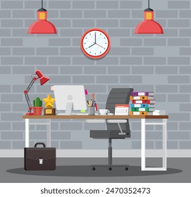 Office desk with computer chair, lamp, coffee cup, cactus document papers. Calendar, stationery, folders, trophy briefcase. Modern business workplace. Workspace table. Vector illustration flat style