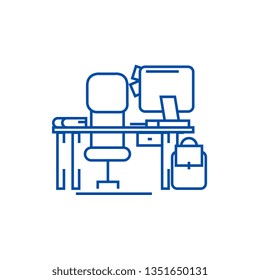 Office desk with computer and chair line icon concept. Office desk with computer and chair flat  vector symbol, sign, outline illustration.