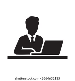 Office desk with computer and chair, representing workplace, office environment, or remote work, black silhouette vector.