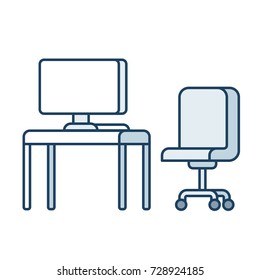Office desk with computer and office chair, simple line icon style vector illustration.