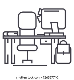 office desk with computer and chair vector line icon, sign, illustration on background, editable strokes