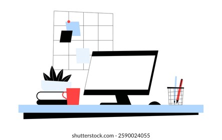 Office Desk With Computer, Coffee Cup, And Books In Flat Vector Illustration Symbolizing Productivity, Remote Work, And Home Office Setup, Isolated On White Background